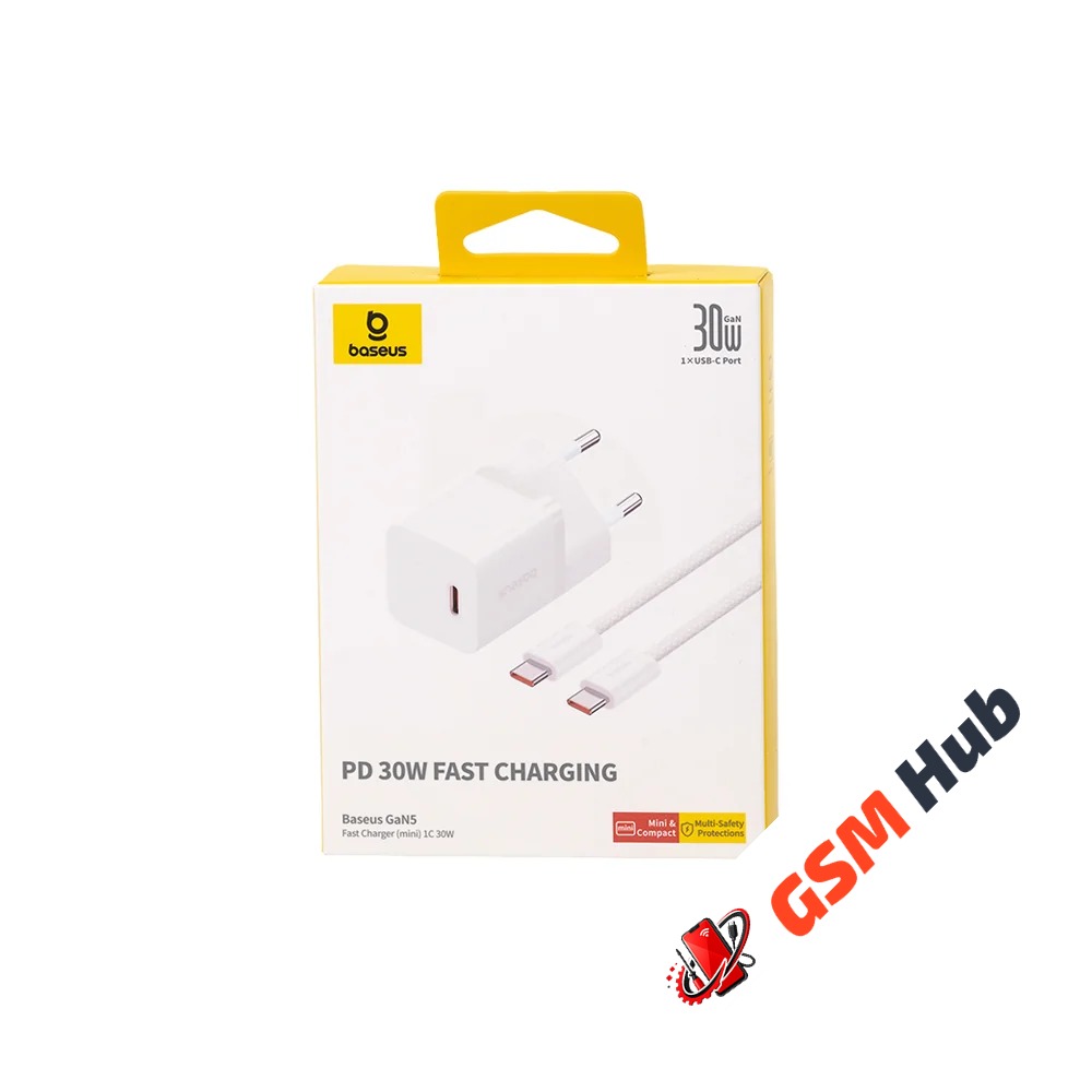 СЗУ Baseus GaN5 Fast Charger (mini) (USB-C) (30W) (Кабель USB С-С (100W) (1m) (Белый)